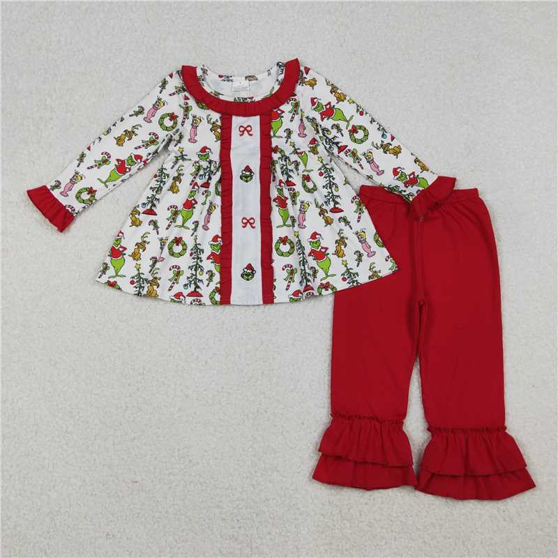 X109 GLP2812 Embroidered grinch bow pattern wreath with red lace and white long-sleeved pants set
