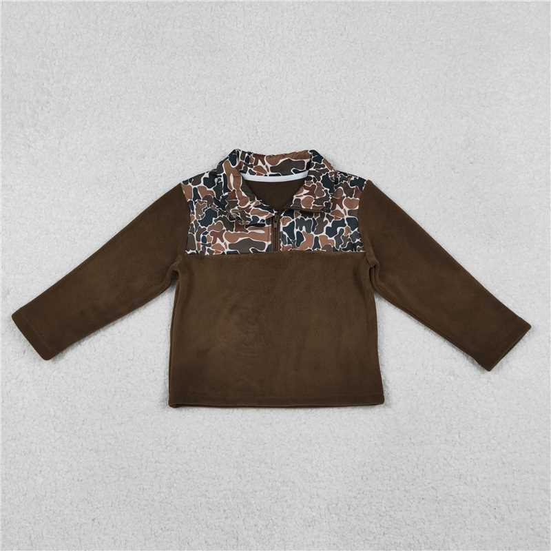 X10.11 BT1309 Camo brown fleece zip-up long-sleeved top
