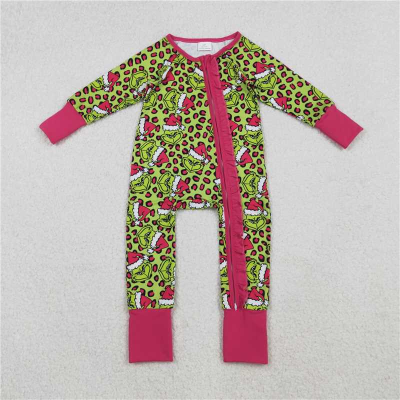 X11.5 LR2520 grinch Leopard Print Rose Red Lace Green Zipper Long-Sleeved Jumpsuit