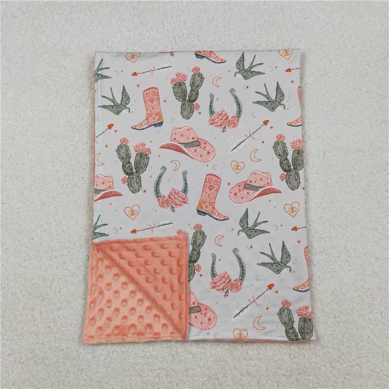 X10.10BL0177 Cactus cowboy hat and boots with pink and green baby blanket
