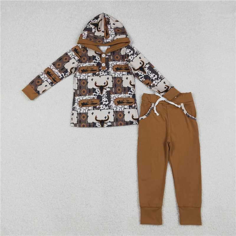 X10.14 BLP1238 Brown hooded, long-sleeved, button-down, alpine bull head geometric pattern suit with brown pants