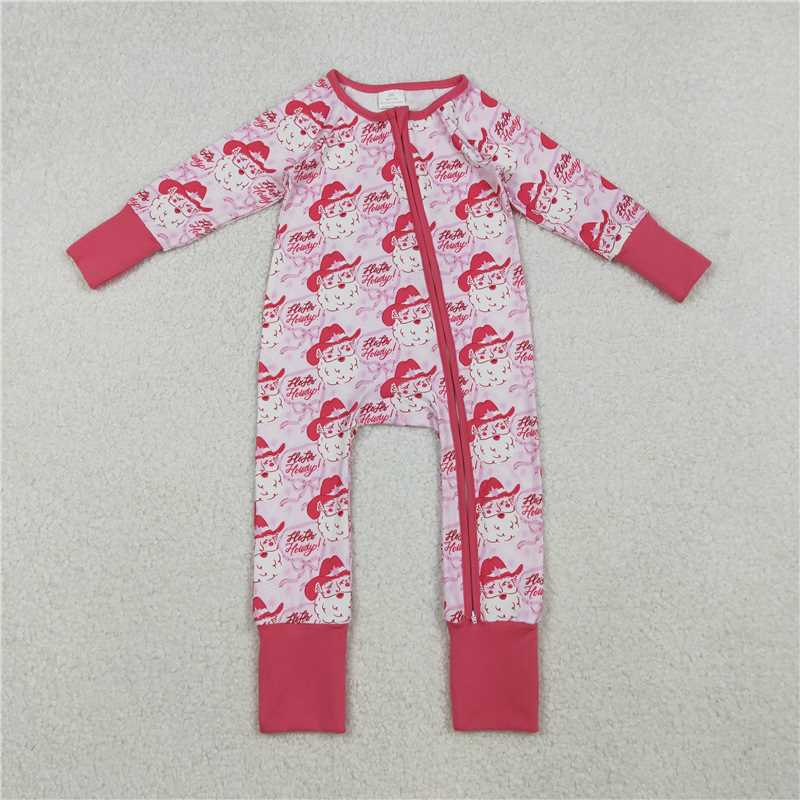 X11.6 LR2243 Howdy Letter Santa Claus Pink Bow Pattern Zipper Long-Sleeved Jumpsuit
