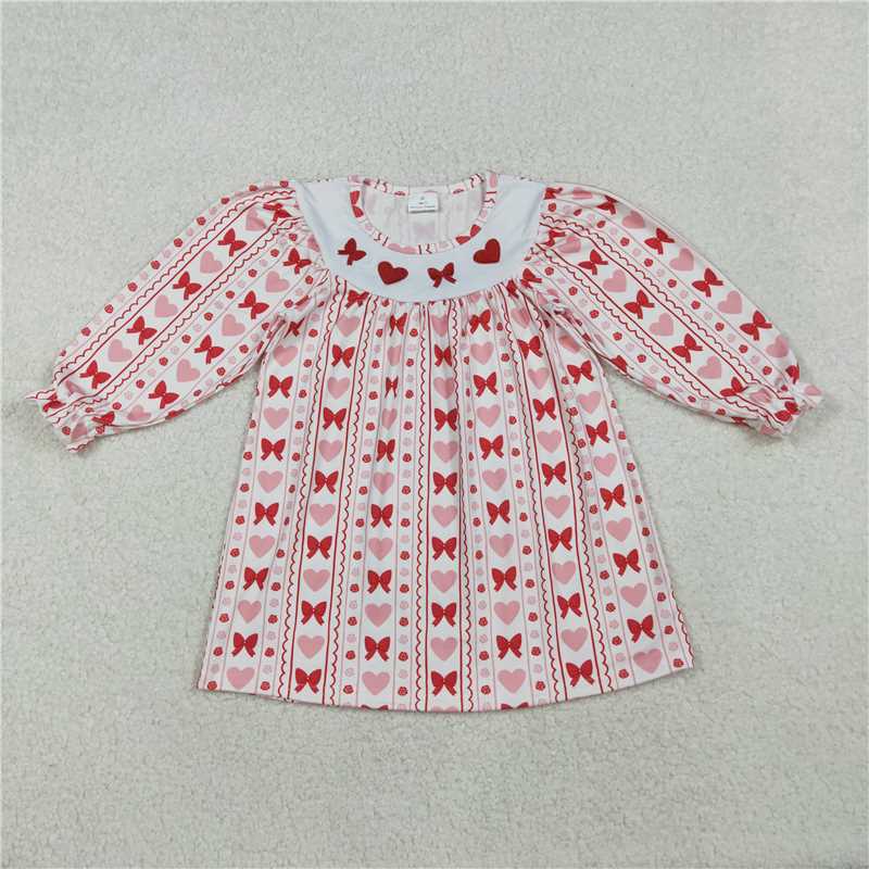 X11.4 GLD1336 Embroidered Valentine's Day Bow Pattern Heart White Long-Sleeved Dress
