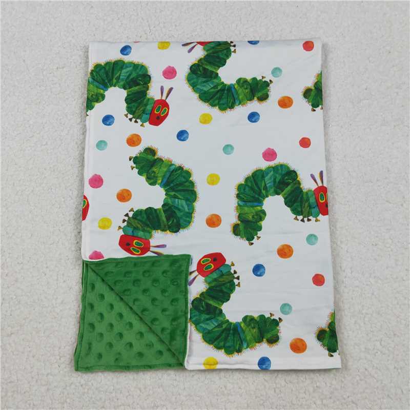 X10.10BL0202 Green and white baby blanket with cartoon caterpillar