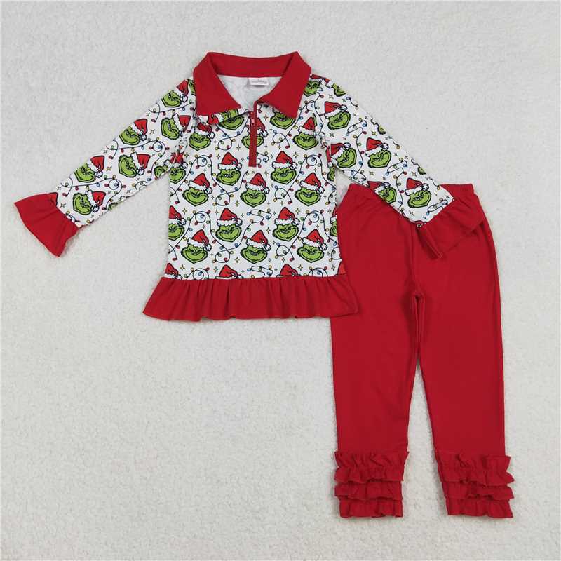 X109 GLP2714 Grinch Illuminated Red and White Zipper Long-Sleeved Pants Set