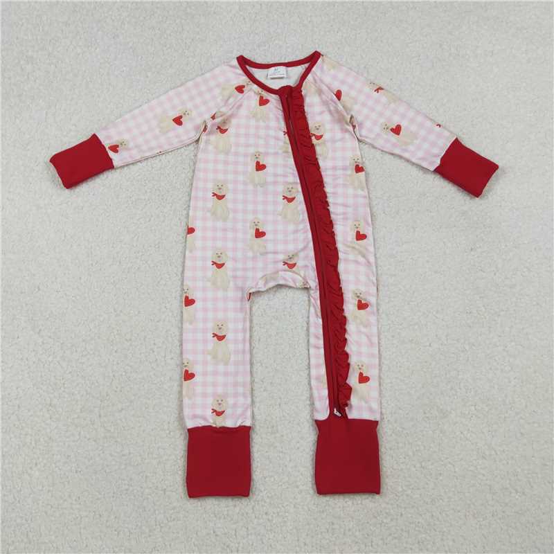 X11.6 LR2681 Heart-shaped Puppy Long-sleeved Jumpsuit with Red Lace Zipper and Pink Plaid