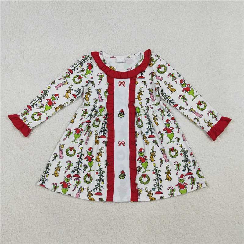 X11.5 GLD1289 grinch Embroidered Bow Pattern Floral Wreath White Long-Sleeved Dress with Red Lace Trim