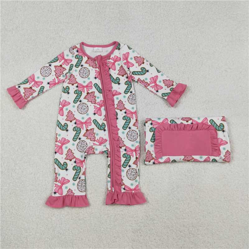 X11.6 LR2486 Bow Pattern Candy Cane Christmas Tree Pink Lace White Zipper Long-Sleeved Jumpsuit