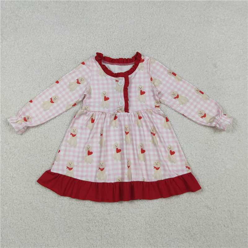 X11.4 GLD1322 Heart-shaped Puppy Long-sleeved Dress with Red Lace Buttons and Pink Plaid