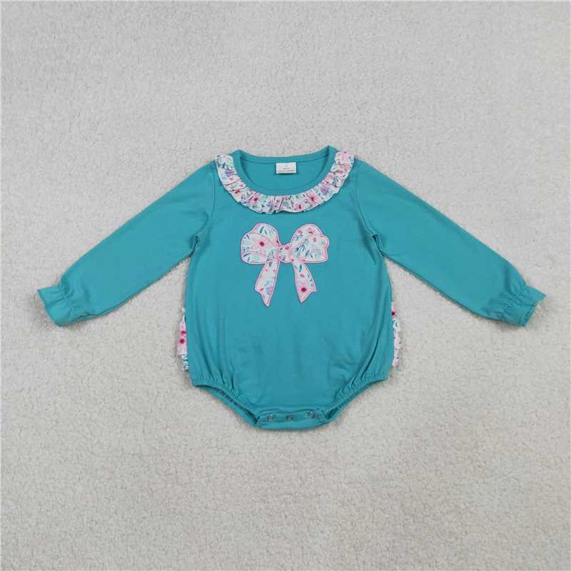 X11.6 LR2432 Embroidered floral print, lace trim, and bow pattern blue long-sleeved jumpsuit