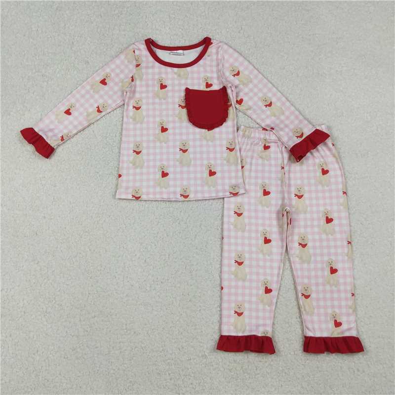 X11.3 GLP2880 Puppy Heart Red Lace Pocket Pink Check Long-Sleeve Pants Set