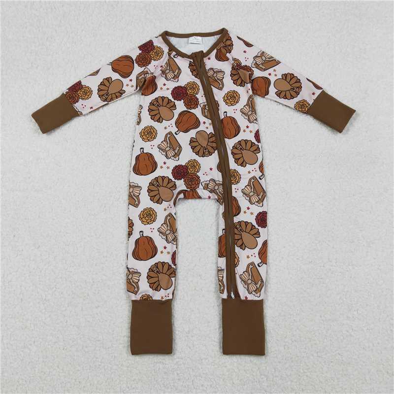 X11.10 LR2690 Turkey Flower Pumpkin Bow Pattern Cake Zipper Long-Sleeved Jumpsuit