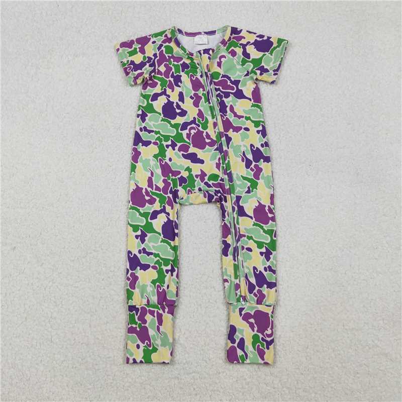 X11.10 SR3211 Carnival Green, Yellow, and Purple Camouflage Zipper Short-Sleeve Jumpsuit