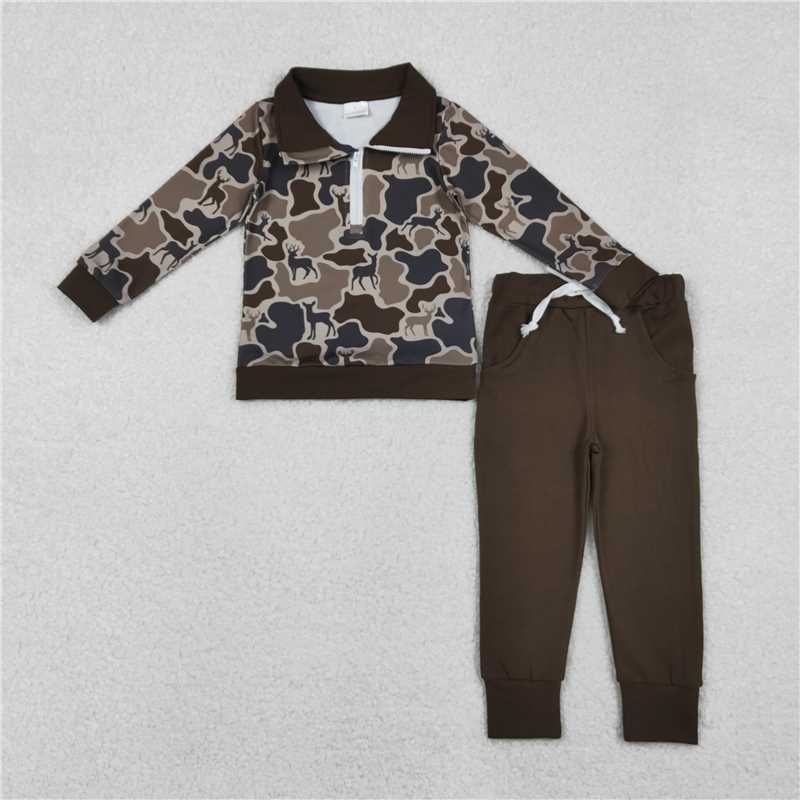 X11.8 BLP1270 Reindeer Camouflage Zipper Long-Sleeve Dark Brown Trousers Suit