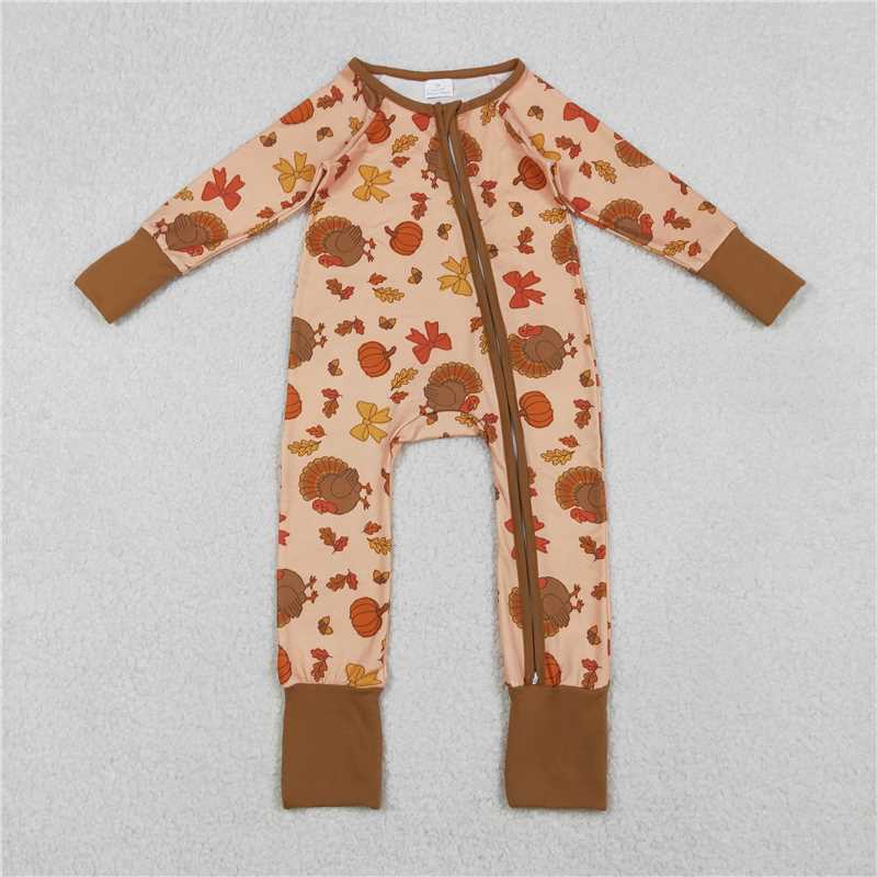 X11.10 LR2689 Turkey Pumpkin Bow Pattern Zipper Long-Sleeved Jumpsuit