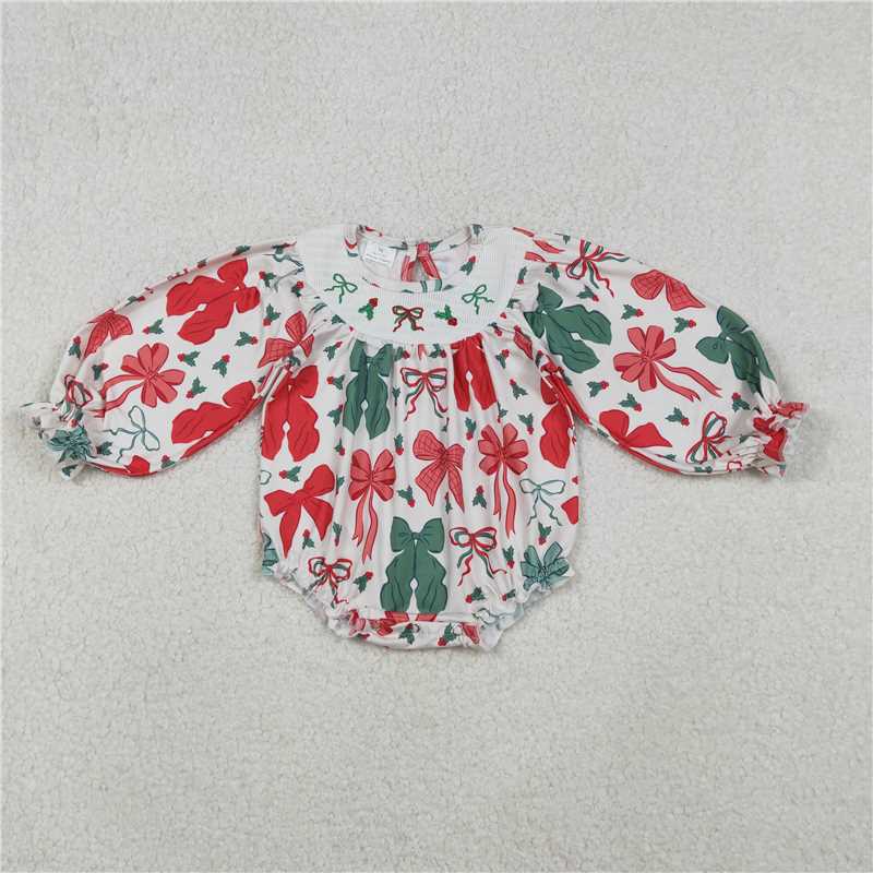 X11.6 LR2217 Embroidered Christmas Smocked Red and Green Bow Pattern Long-Sleeved Jumpsuit