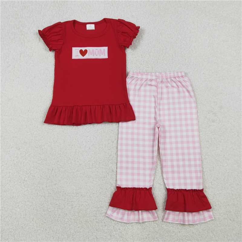 x12.15 GSPO2071 Embroidered I LOVE MOM Red Lace Short-Sleeve T-Shirt and Pink Plaid Trousers Set