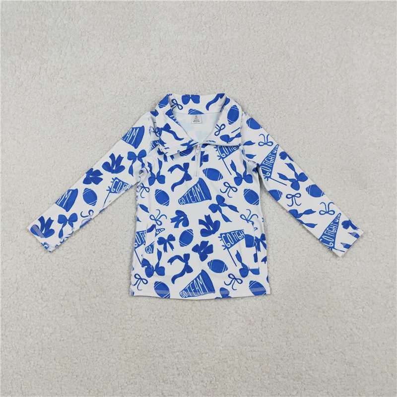 X11.4 GT1195 Blue football-themed flared bow pattern zip-up yoga top