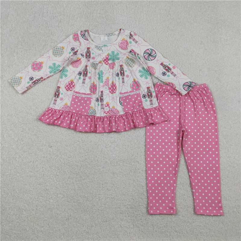 X11.3 GLP2932 Nutcracker Lollipop Bow Pattern Lace Pocket Polka Dot Rose Red Lace Long Sleeve and Pants Set
