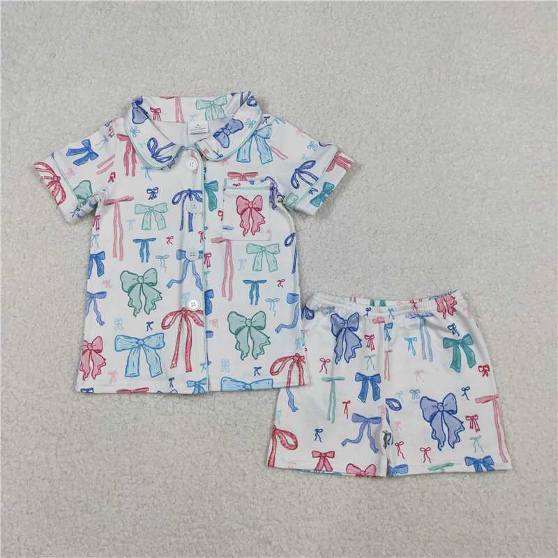 X12.5 GSSO2217 Colorful Bow Pattern White Short-Sleeve Shorts Pajama Set