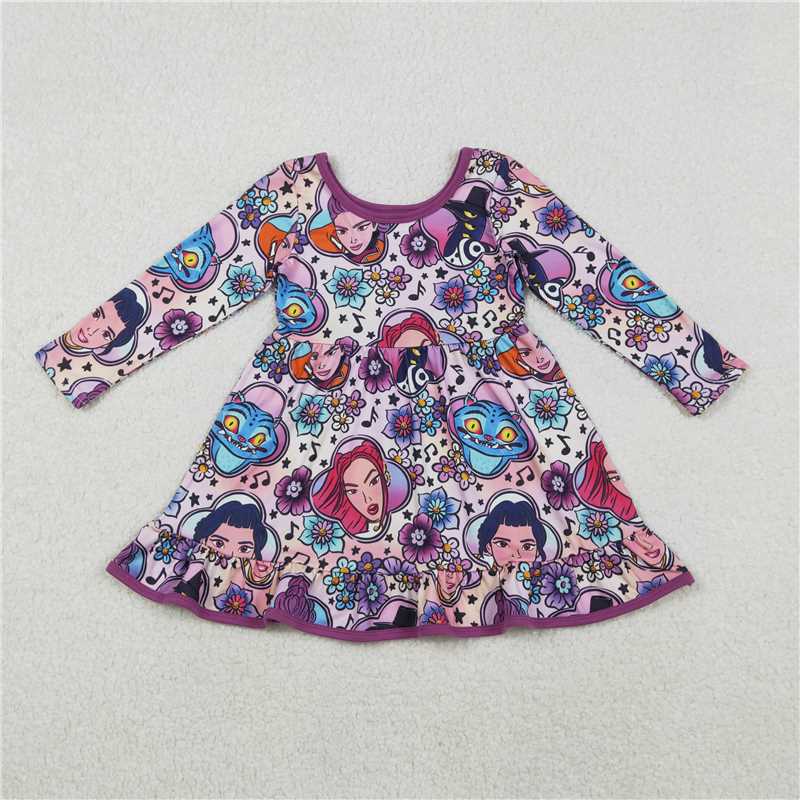 X11.4 GLD1351 Floral Music Cartoon Purple Long-Sleeved Dress