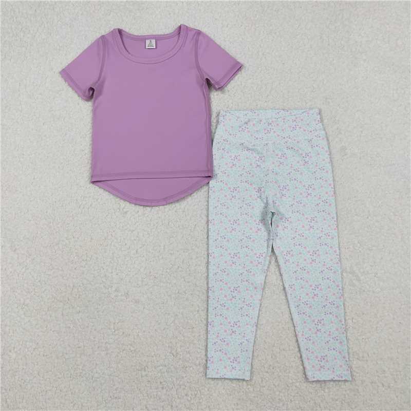 X11.3 GSPO2067 Solid Purple Short-Sleeve Floral Print Yoga Set