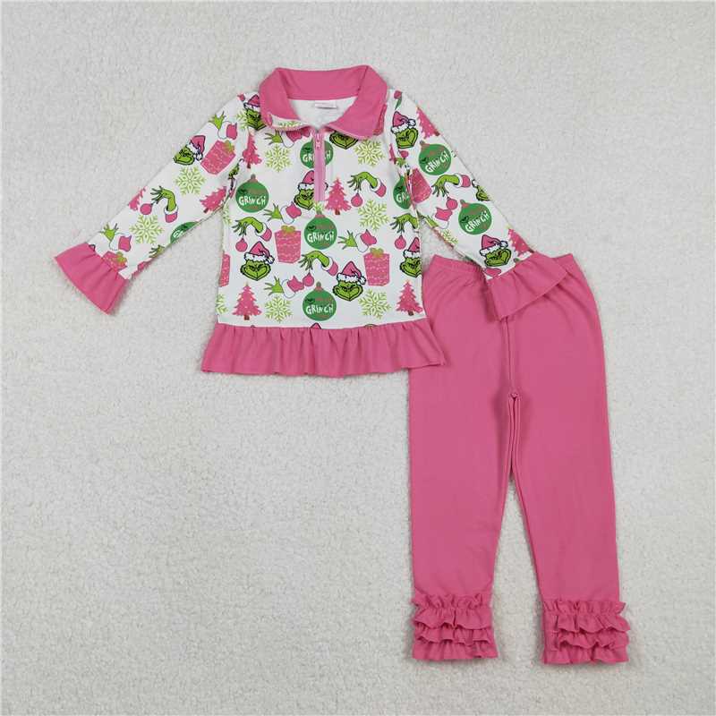 X11.7 GLP2734 Grinch Christmas Tree Gift Snowflake White Zipper Long-Sleeved Rose Red Lace Trousers Set