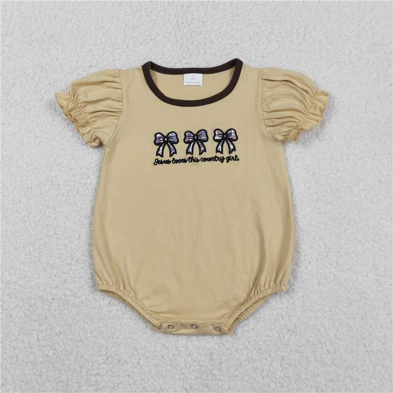 X12.4 SR3281 Embroidered Jesus Loves This Country Girl Letter Camouflage Bow Pattern Short-Sleeve Jumpsuit