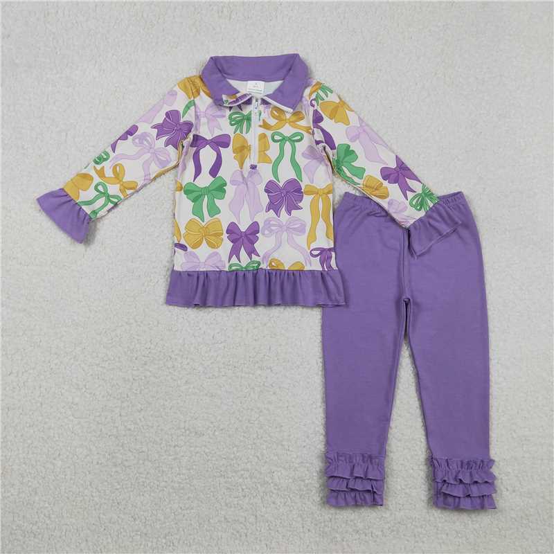 X12.3 GLP2823 Carnival Bow Pattern Purple Lace Zipper Long-Sleeved Trousers Set