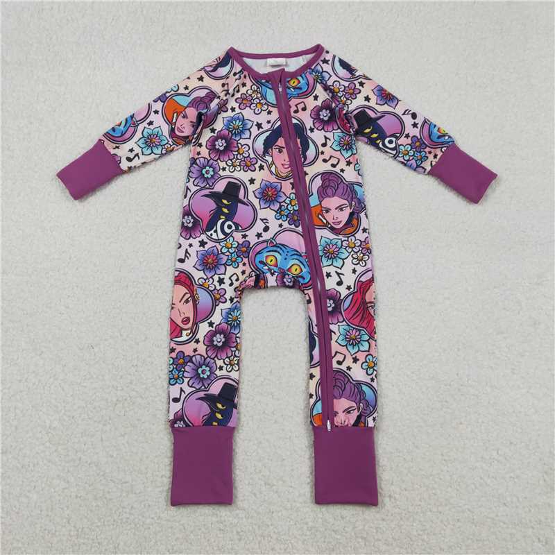 X12.4 LR2732 Kpop Flower Music Cartoon Purple Zipper Long-Sleeved Jumpsuit