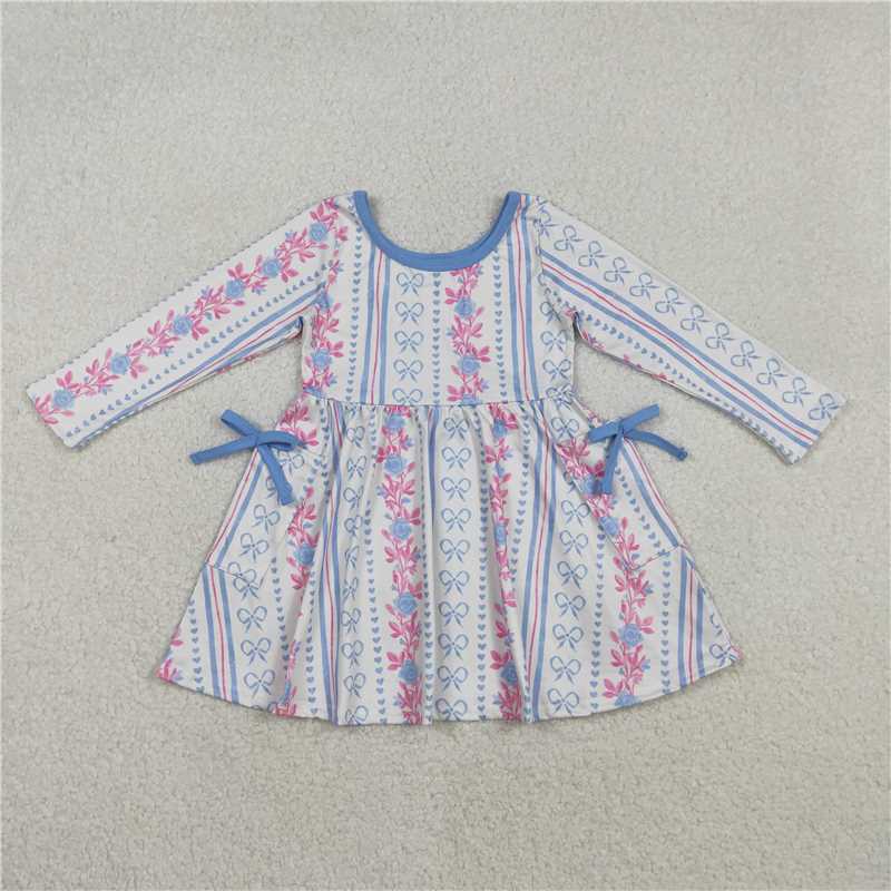 X12.4 GLD1427 Floral Bow Pattern Pocket Striped Long-Sleeved Dress