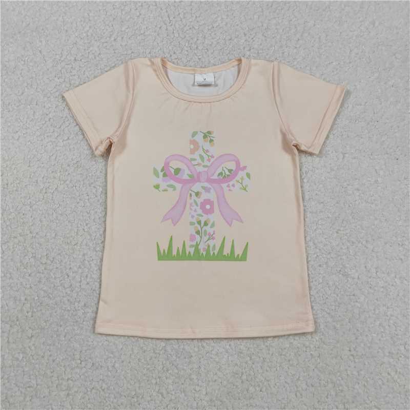 X12.2 GT1397 Yellow Short-Sleeve Top with Floral Cross and Bow Pattern