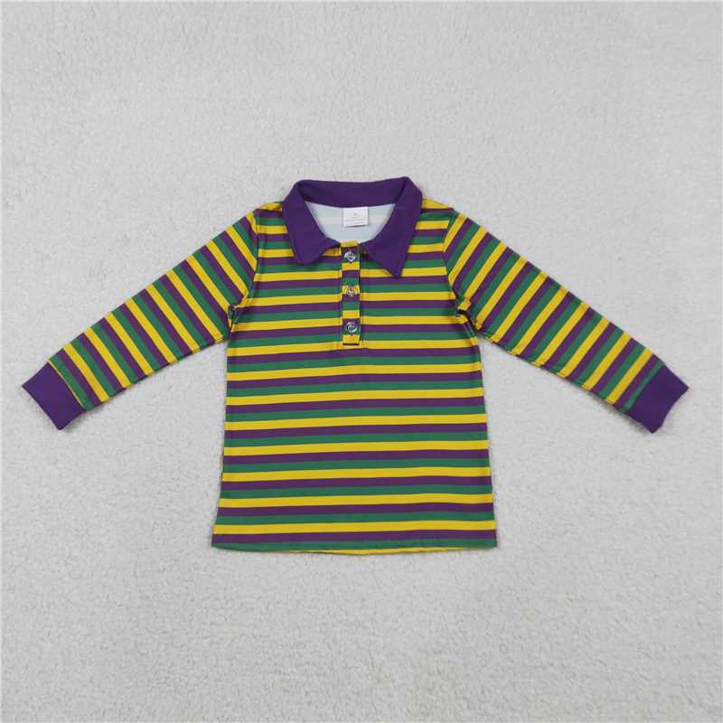 X12.9 BT1358 Carnival Yellow-Green-Purple Striped Button-Up Long-Sleeved Top