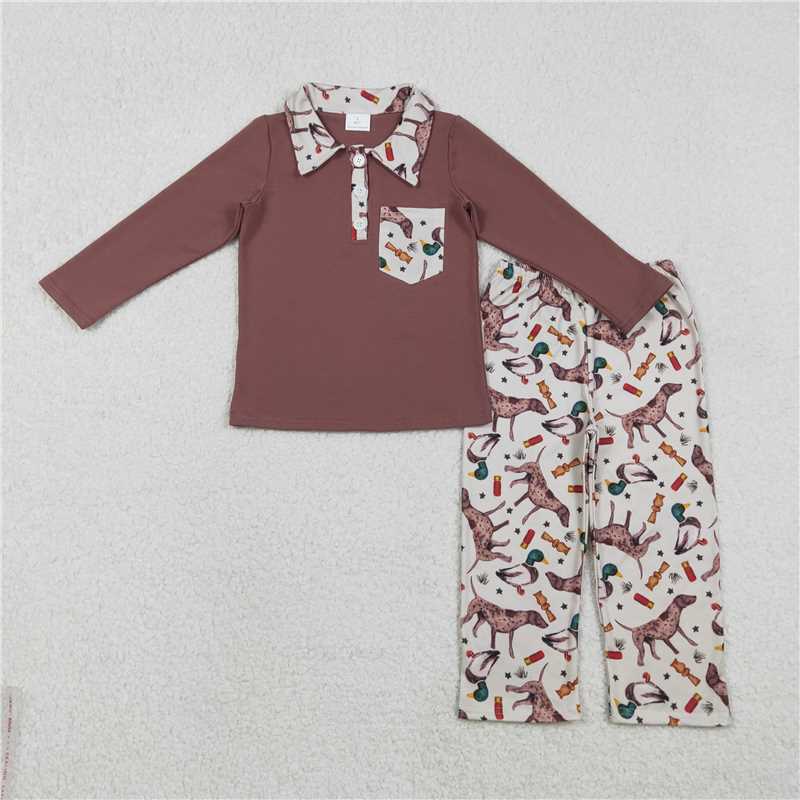 X12.10 BLP1229 Duck and Puppy Pocket Brown Button Long-Sleeve Pants Set