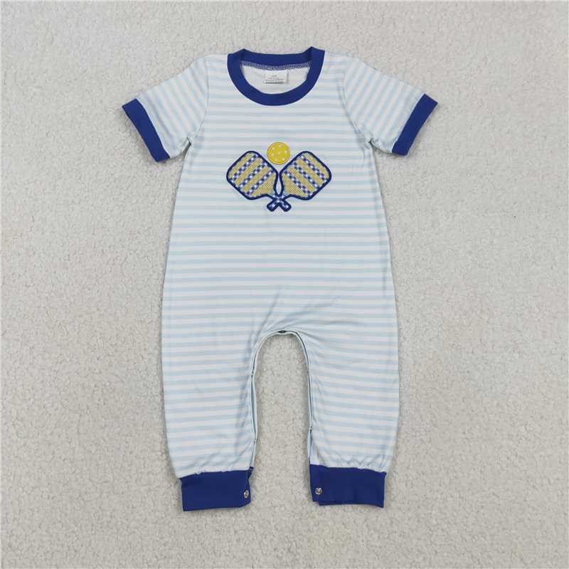 x12.10 SR3331 Embroidered Blue Striped Short-Sleeve Jumpsuit with Racket