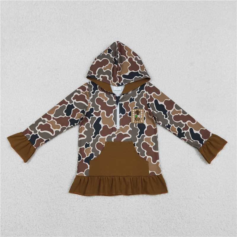 X12.26 GT1132 Embroidered Duck & Puppy Camouflage Brown Pocket Lace Zipper Hooded Long-Sleeve Top