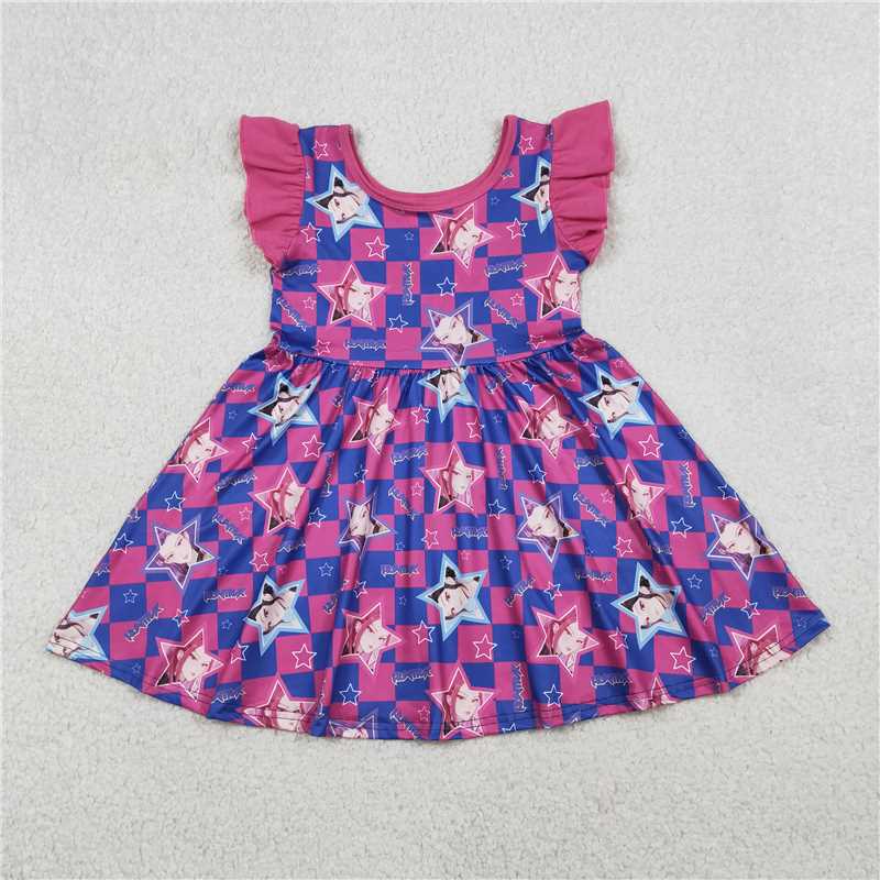 X1.17 Kpop star-patterned blue-purple plaid fuchsia flutter sleeve dress
