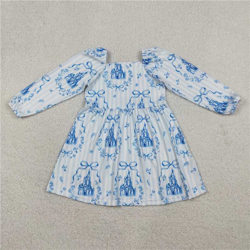 GLD1567 Blue Striped Long-Sleeved Dress with Bow Pattern and Castle Design