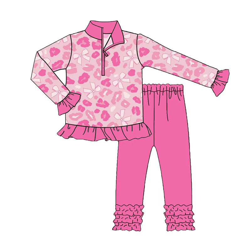 X922Preorder (moq 5)Baby Girls Pink Bows Leopard Zipper Pullovers Ruffle Legging Clothes Sets
