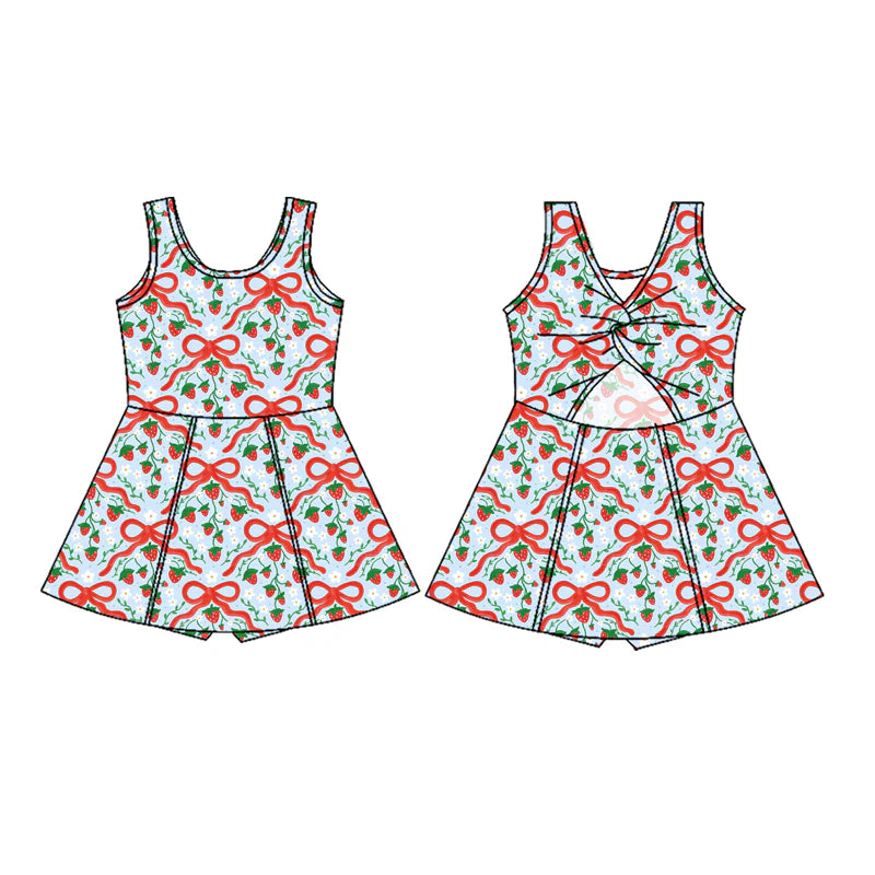 8.4Preorder (moq 5)Baby Girls Red Bows Strawberry Plaid Shorts Knee Length Dresses