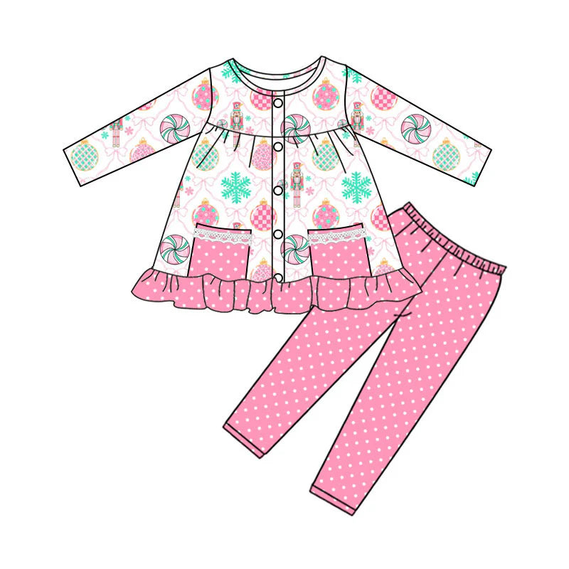 X927Preorder (moq 5)Baby Girls Bows Soldiers Button Pockets Tunic Leggings Christmas Clothes Sets