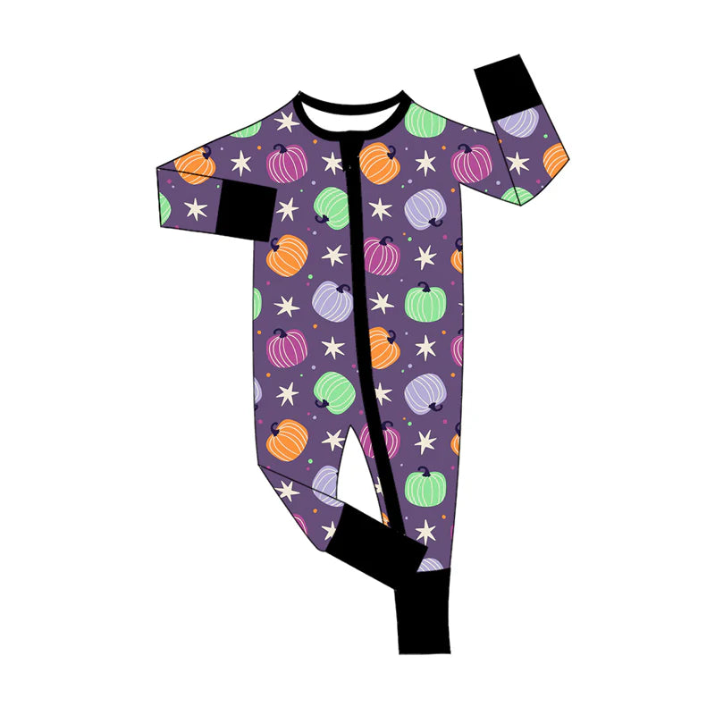 8.6Preorder(moq 5)Baby Infant Boys Long Sleeves Colorful Pumpkins Plaid Fall Zipper Rompers
