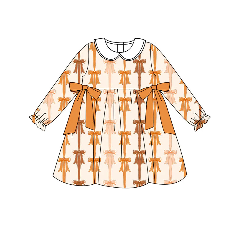 7.12Preorder (moq 5)Baby Girls Long Ruffle Sleeves Yellow Bows Stripes Knee Length Dresses