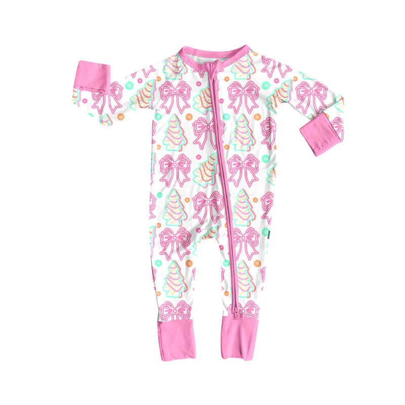 7.15Preorder (moq 5)Baby Girls Long Sleeves Pink Stripe Bows Trees Plaid Zipper Romper