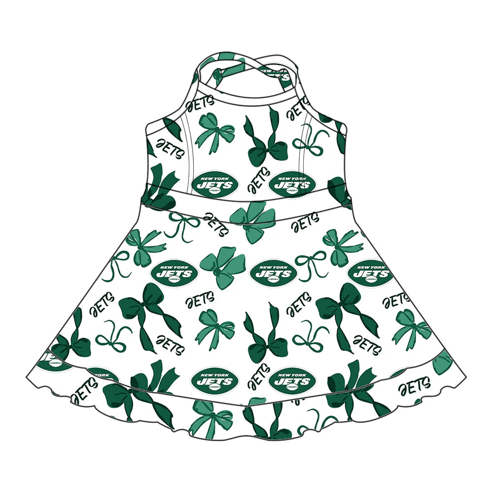 7.2Preorder (moq 5)Baby Girls Strap Green Bows Plaid Jets Short Ruffle Team Knee Length Dresses