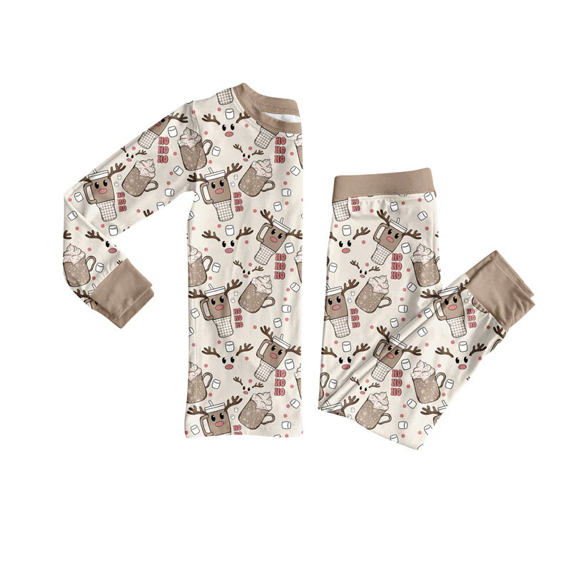 7.30Preorder(moq 5) Baby Girls Long Sleeves Khaki Deer Cups Plaid Top Pants Pajamas Set