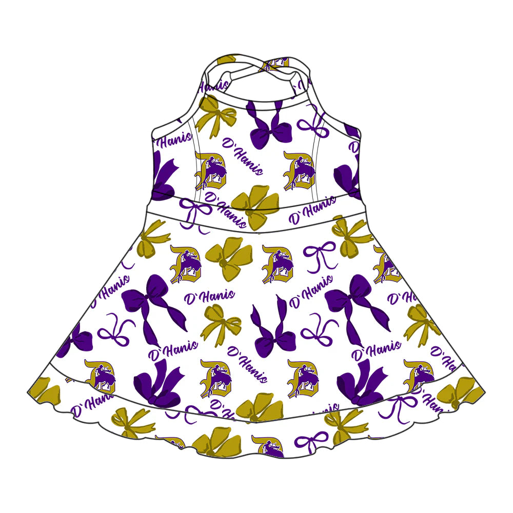 7.3Preorder (moq 5)Baby Girls Purple Strap Horse Rodeos Bows Plaid Shorts Ruffle Team Knee Length Dresses