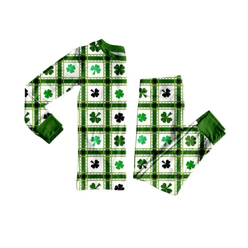X926Preorder (moq 5)Baby Boys Clovers Checked Top Pants St Patrick Pajamas Sets
