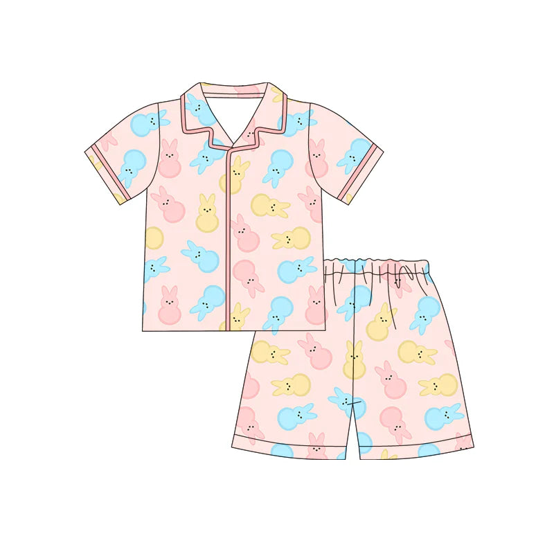 X12.17 Preorder (moq 5)Baby Girls Colorful Rabbits Button Top Shorts Easter Pajamas Sets
