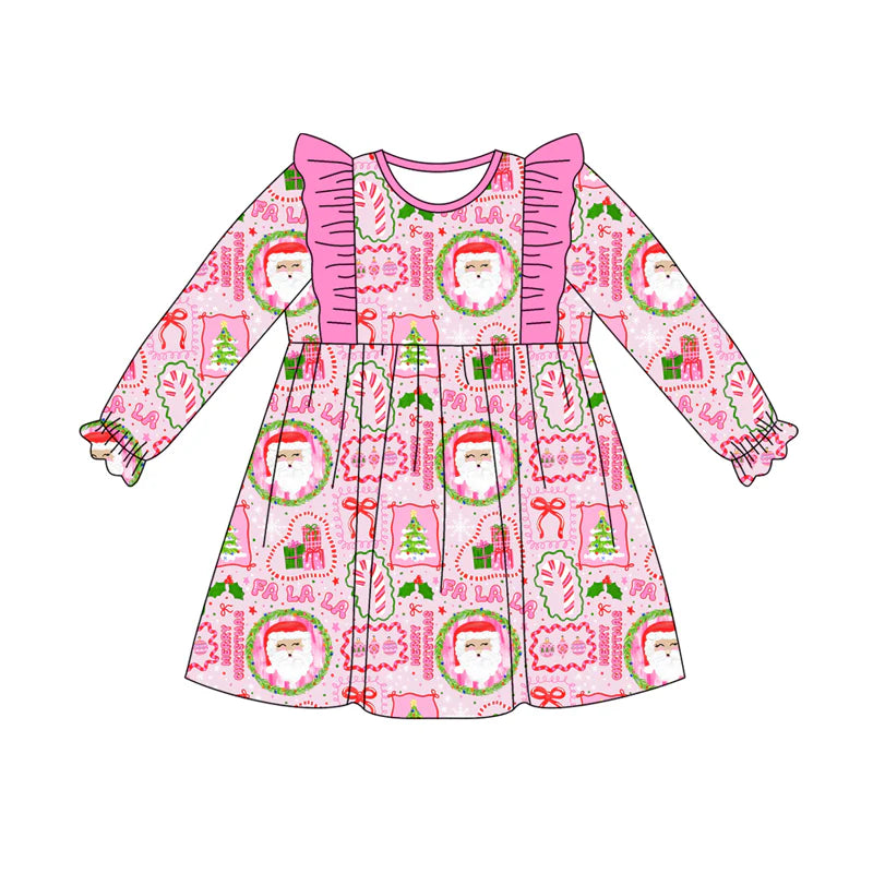 7.21Preorder (moq 5)Baby Girls Long Ruffle Sleeves Pink Santa Bows Plaid Knee Length Dresses
